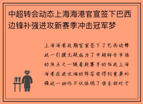 中超转会动态上海海港官宣签下巴西边锋补强进攻新赛季冲击冠军梦